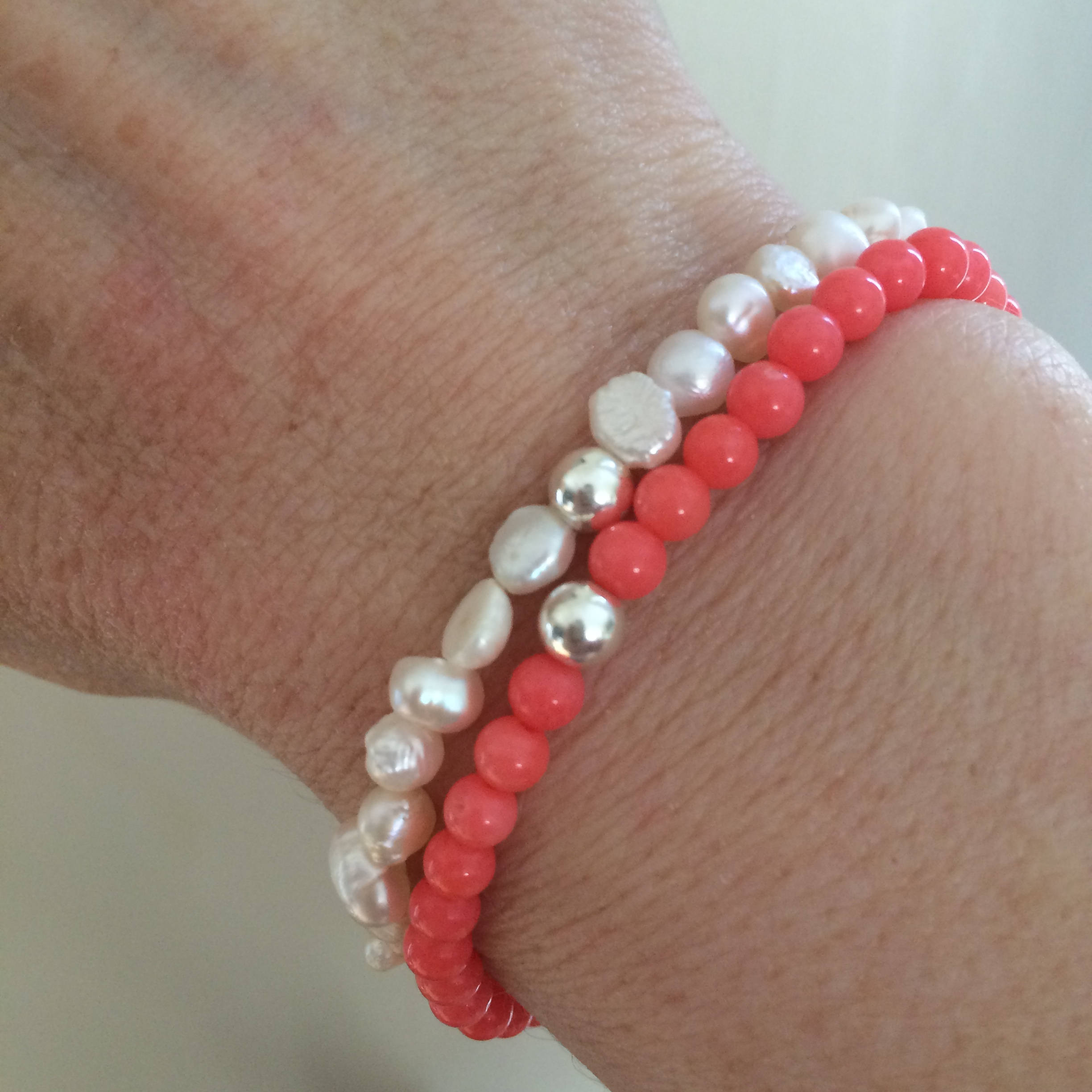 Pink Coral stretch Bracelet Sterling Silver beaded Coral gemstone