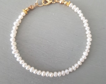 Tiny Freshwater seed Pearl Bracelet Gold Fill 3mm real white pearl Bracelet - June Birthstone jewellery - 3rd wedding anniversary gift wife