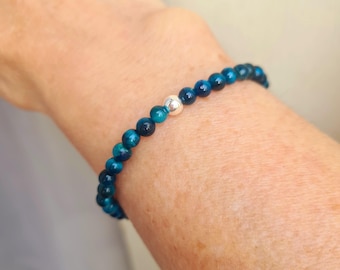 Blue TIGERS EYE stretch Bracelet with Sterling Silver or 14 Gold Fill or No metal accent bead - Solar Chakra jewellery Gift for her or him