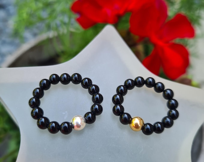 BLACK Tourmaline STRETCH ring Sterling Silver or Gold Fill black gemstone bead ring October Birthstone jewellery gift base root Chakra