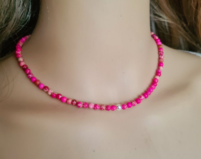 Tiny Pink Jasper choker necklace Sterling Silver / Gold Fill 4mm bright pink gemstone bead necklace Layering necklace Holiday bead jewellery