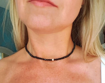 Black Onyx choker necklace Sterling Silver Gold Fill tiny 4mm black gemstone bead necklace February Birthstone jewelry gift 7th anniversary