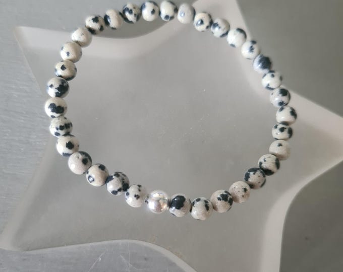 Dalmation Jasper stretch Bracelet Sterling Silver / Gold Fill tiny 4mm gray black gemstone bead Bracelet  Chakra jewellery gift for her him