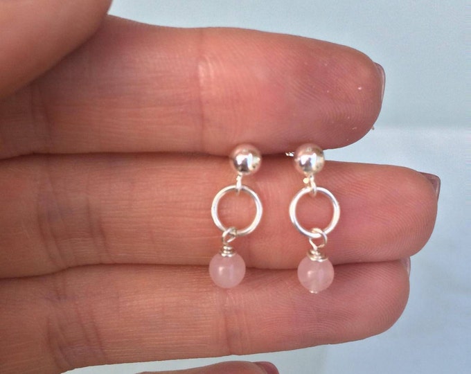 Tiny Rose Quartz earrings Sterling Silver STUD small 4mm pink gemstone drop earrings - January Birthstone earrings