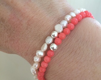 Tiny Pink Coral stretch Bracelet Sterling Silver or Gold Fill 4mm bright pink Coral gemstone bead Bracelet stacking 35th anniversary gift
