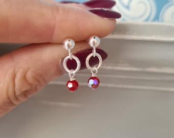 Tiny red AB crystal earrings Sterling Silver stud or Gold Fill small 4mm Ruby red Swarovski Crystal drop earrings July Birthstone jewellery