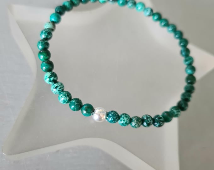 Emerald Green Jasper stretch bracelet Sterling Silver or Gold Fill tiny 4mm green gemstone bead bracelet small Beaded Jasper jewellery gift