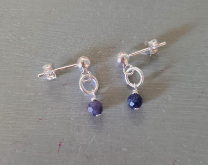 Tiny Blue raw faceted real Sapphire stud earrings Sterling Silver or 14K Gold Fill - September Birthstone jewellery gift for her him or girl
