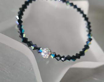 Black AB crystal stretch bracelet Sterling Silver / Gold Fill black crystal stacking bead bracelet Black Crystal jewellery gift for her girl