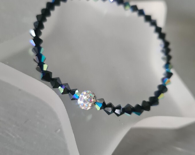 Black AB crystal stretch bracelet Sterling Silver / Gold Fill black crystal stacking bead bracelet Black Crystal jewellery gift for her girl