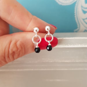 Tiny Black Onyx earrings Sterling Silver / Gold studs small Black gemstone drop earrings February Birthstone jewellery jewelry gift for girl