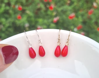 Tiny red Coral earrings Sterling Silver or Gold Fill small red Coral teardrop earrings red gemstone jewellery Chakra jewelry gift for girl