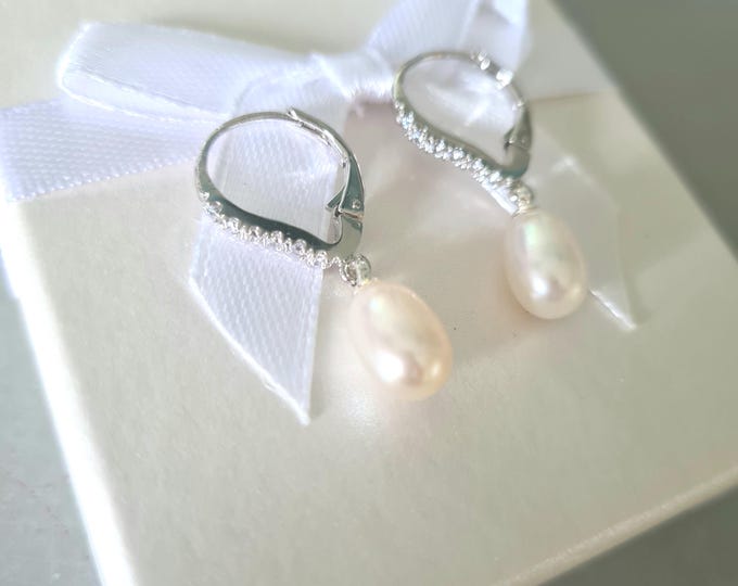 Freshwater pearl drop earrings on diamante set lever backs white Freshwater pearl earrings real pearl June Birthstone jewellery gift bridal