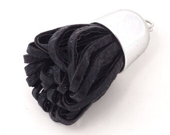 6 Black Decorative Tassels with Silver Caps