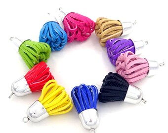 6 Looped and Twisted Tassel Charms, Assorted Colors with Silver Cap