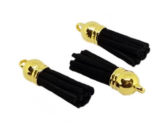 Black Tassels with Gold Caps, 12 or 25 Small Tassel Charms