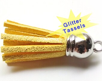 Small Yellow Glitter Tassels - 25 Tassel Charms