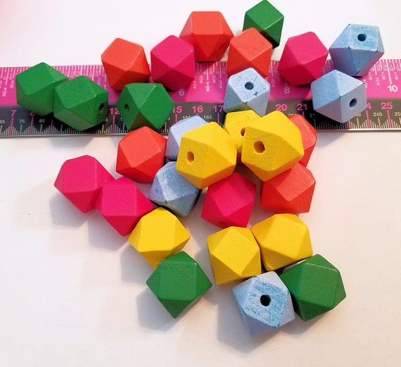 20 Geometric Wood Beads - Primary Color Mix - 20mm Faceted Polyhedron Beads