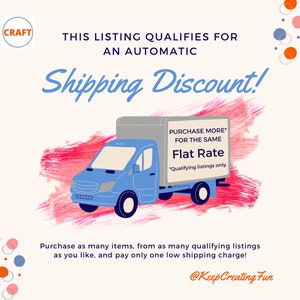 May include: A blue delivery truck with a white sign that says "PURCHASE MORE* FOR THE SAME Flat Rate *Qualifying listings only." The truck is on a pink and white background with the text "Shipping Discount!" above it.