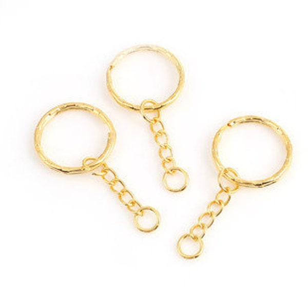 Gold Key Chain Hardware - 10 or 30 Gold Key Rings with Chain and Ring - Key Ring Blanks