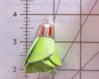 6 Green Flower Tassels with Pale Gold Caps, Rose Tassels