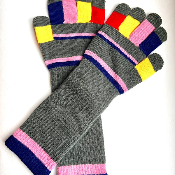 Elbow length color block gloves