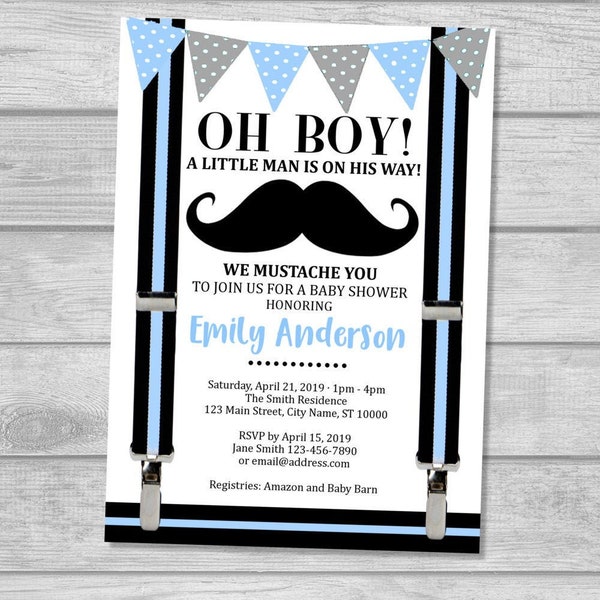 Mustache Baby Shower Invitation, Oh Boy! Little Man Baby Shower Invitation For Baby Boy, Mustache Bash Baby Shower Invite, Mustache Party