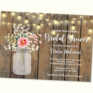 Rustic Bridal Shower Invitation, Wood & String Of Lights Bridal Shower Invite, Baby's Breath Mason Jar Custom Wedding Shower Invitation
