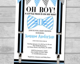 Blue Bow Tie Baby Shower Invitation, Oh Boy Little Man Baby Shower Invitation, Bowtie Baby Shower Invitation, Blue & Gray Little Man Invite