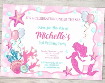 Mermaid Birthday Party Invitation, Custom Pink Mermaid Silhouette Party Invite, Starfish Seashells Mermaid Under The Sea Birthday Invitation