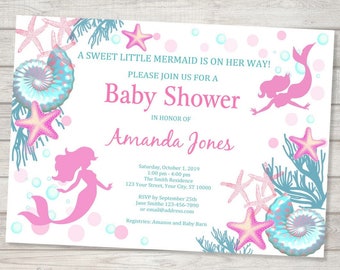 Mermaid Baby Shower Invitation, Girl Mermaid Under The Sea Baby Shower Invitations, Pink Mermaid Invitation For Girl, Starfish Seashells