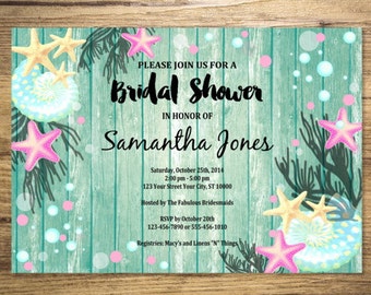 Beach Bridal Shower Invitation, Sea Shells And Starfish Under The Sea Invitations, Pink And Teal Bridal Shower Invite, Beach Wood Invitation