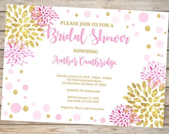 Pink And Gold Bridal Shower Invitation, Gold (Digital) Glitter Flowers Bridal Shower Invitations, Pink And Gold Invites