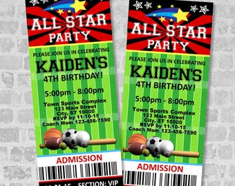 Sports Ticket Invitations, All Star Sports Birthday Party Ticket, Custom AllStar Sports Party, Ticket Invites, Sports Birthday Invitation