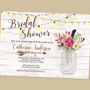 Rustic Bridal Shower Invitation, Wood & String Of Lights Bridal Shower Invitations, Country Flowers Mason Jar Boho Bridal Shower Invitation