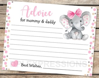 Elephant Baby Shower Advice Cards, Printable Baby Girl Elephant Advice for the Mom And Dad To Be, Advice Cards For Parents INSTANT DOWNLOAD