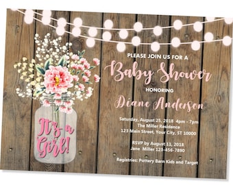 Rustic Baby Shower Invitation, Custom Wood & String Of Lights Baby Shower Invitations, Baby's Breath Mason Jar Baby Shower Invitation