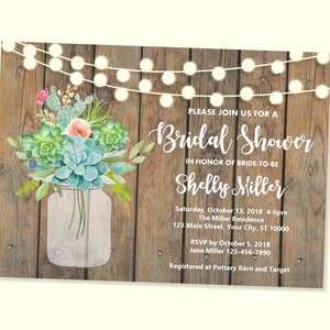 Rustic Succulent Bridal Shower Invitation, Succulents Mason Jar Bridal Invitations, Wood & String Of Lights Bridal Shower Invitations