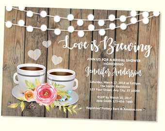 Bridal Tea Invitation, Rustic Bridal Coffee Invitations, Tea, Coffee Bridal Shower Invitation, Wood Love Is Brewing Bridal Shower Invitation