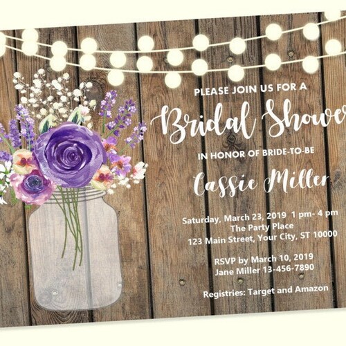 Purple Rustic Mason Jar Bridal Shower Invitation Country - Etsy