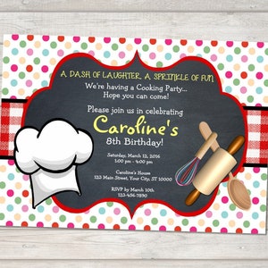 Cooking Party Invitation, Chef Baking Birthday Party Invitation, Dots Red Gingham Chalkboard Baking Cooking Party Invites Digital or Printed