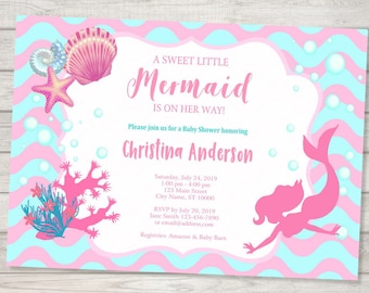 Mermaid Girl Baby Shower Invitation, Mermaid Under The Sea Baby Shower Invite, Starfish Seashells Pink & Turquoise Mermaid Shower Invitation