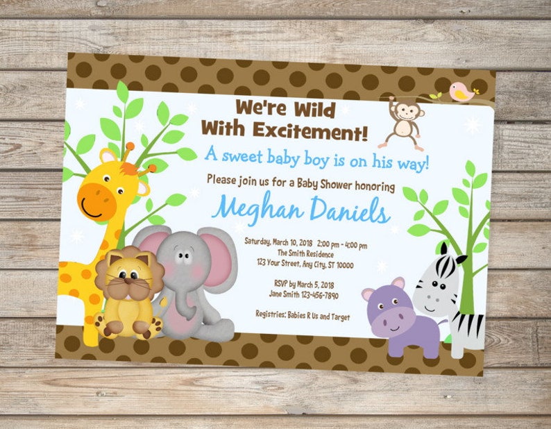 Jungle Animals Baby Shower Invitation, Printable Blue Jungle Safari Boy Baby Shower Invitation, Safari Baby Shower Invitaton for Boy image 1