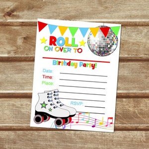Patins à roulettes, renseignez Invitations vierge, imprimable Roller patinage fête d’anniversaire Disco, plat carte Invitations 4,25 "x 5.5", téléchargement immédiat