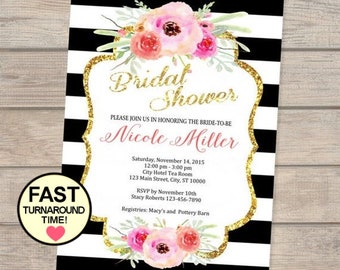 Black and White Stripes Floral Bridal Shower Invitation, Custom Personalized Stripes & Flowers Bridal Shower Invites,  Digital or Printed