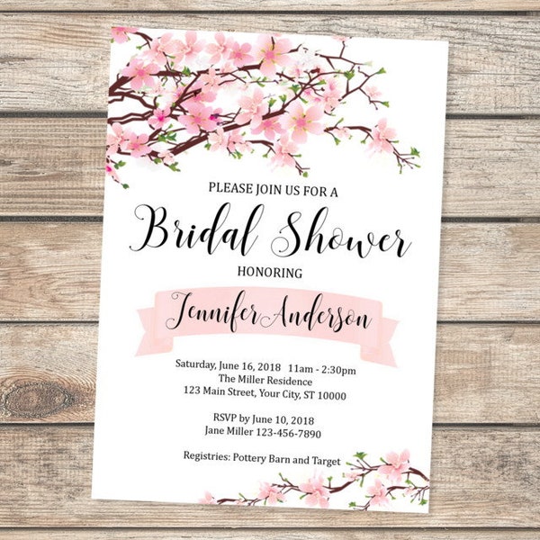 Cherry Blossoms Bridal Shower Invitation, Pink Cherry Blossoms Invitation, Cherry Blossom Flowers Shower Invitation, Cherry Blossom Invites