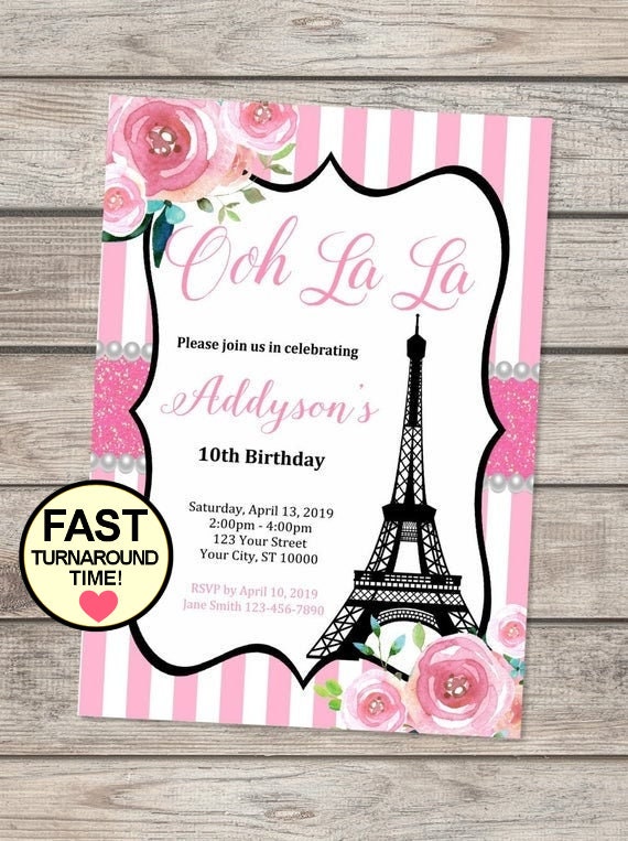 Paris Birthday Party Invitation, Eiffel Tower Invitation, French Theme
