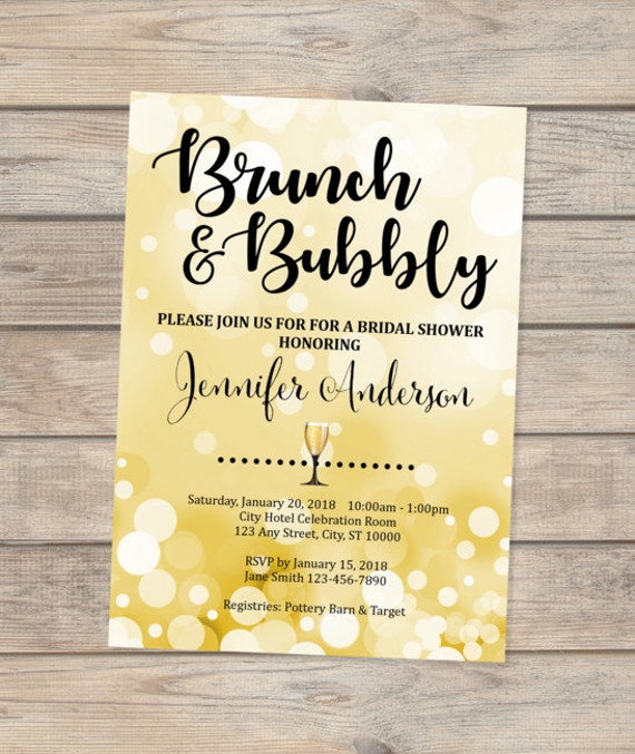 Brunch And Bubbly Invitation, Gold Brunch Bridal Shower Invitation ...