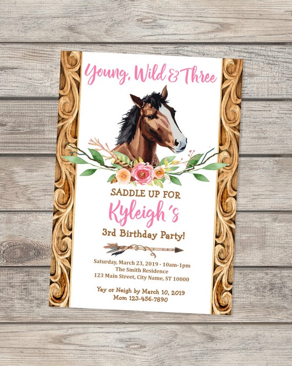 Young Wild And Three Horse Birthday Party Invitation, Cowgirl Boho Flowers Horse Party Invite, Floral Arrows Western Equestrian Invitation Il_570xn