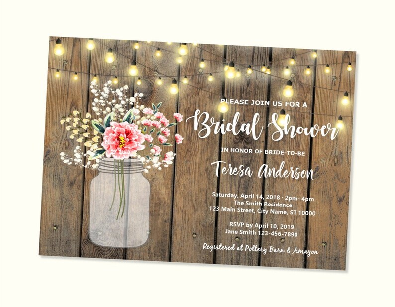 Rustic Bridal Shower Invitation, Wood & String Of Lights Bridal Shower Invite, Baby's Breath Mason Jar Custom Wedding Shower Invitation 